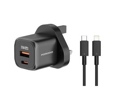 Porodo Dual Port Wall Charger with USB-C to Lightning Cab...