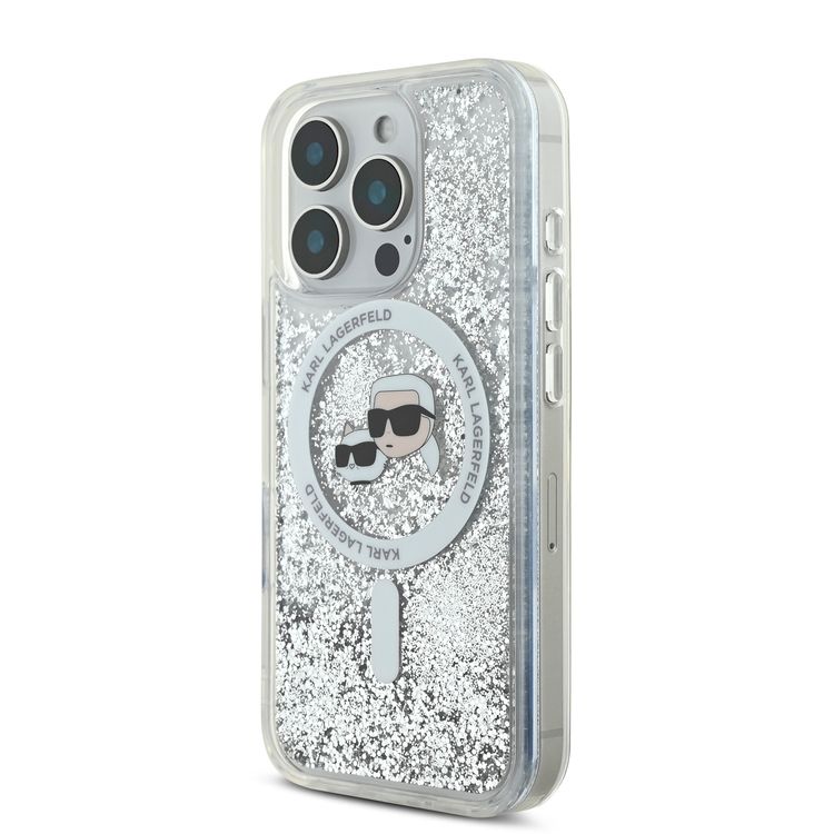 Karl Lagerfeld Magsafe Liquid Glitter Hard Case with Karl & Choupette Head for iPhone 16 Pro Max, Drop Protection, Shock Absorption, Precision Cutouts, Sparkling Glitter Design - Transparent