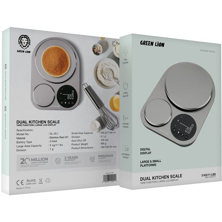 Green Lion Dual Kitchen Scale with Low Battery Indicator, Large & Small Platforms, Overload Indicator, Digital Display, Tare Function, Stainless Steel 201 Material - Silver 
