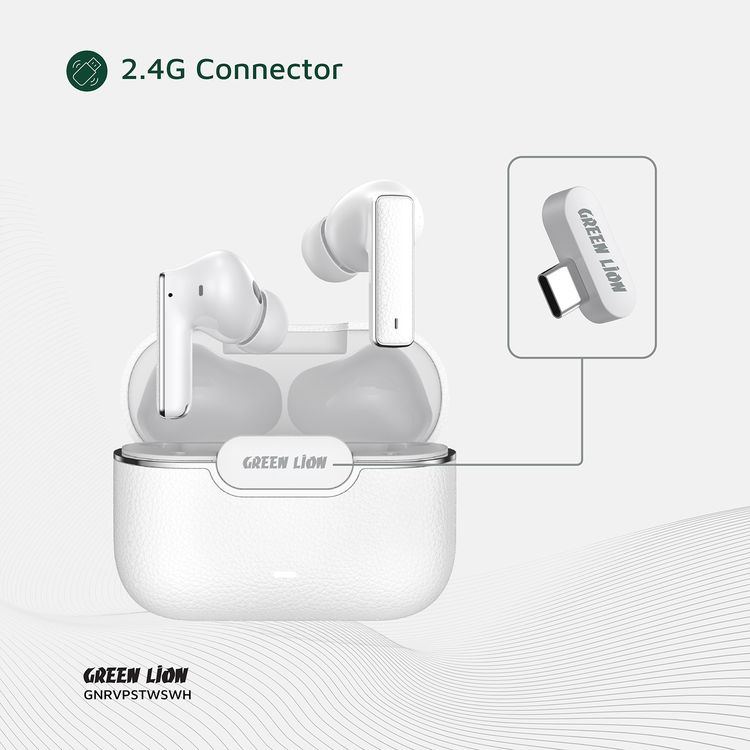 Green Lion River Plus True Wireless Earbuds with ANC + ENC Clarity, 2.4G Connector Included, Up to 7 Hours of Playtime, Smart in-Ear Detection, Bluetooth Version 5.4, -42dB Noise Reduction, 35 Hours Standby Time - White