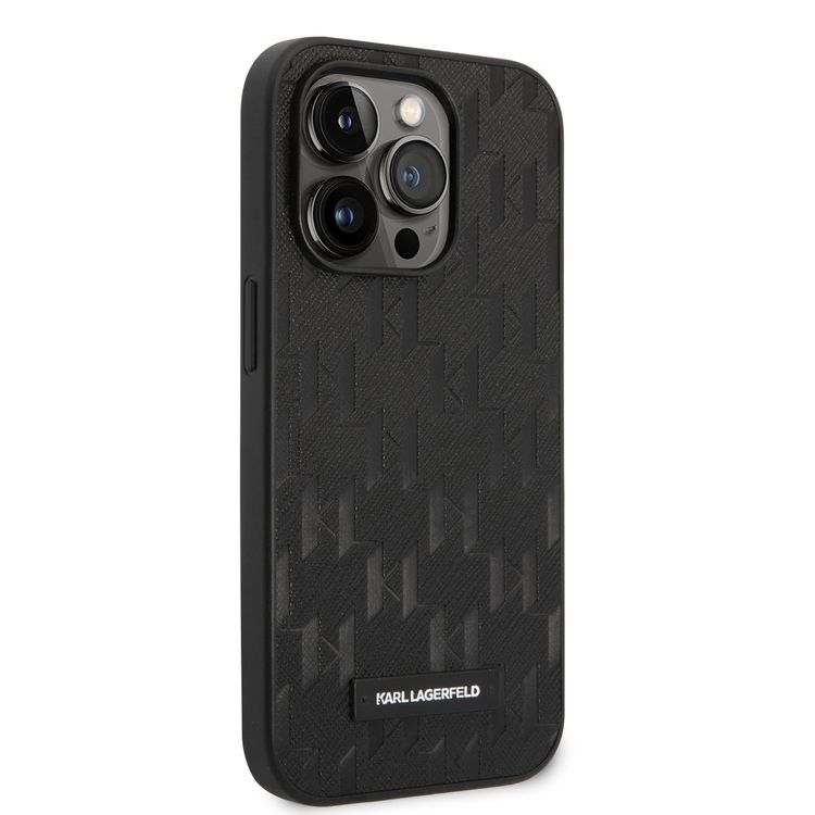 Karl Lagerfeld Saffiano Monogram Case with Metal Plate Logo iPhone 14 Pro Max Compatibility - Black