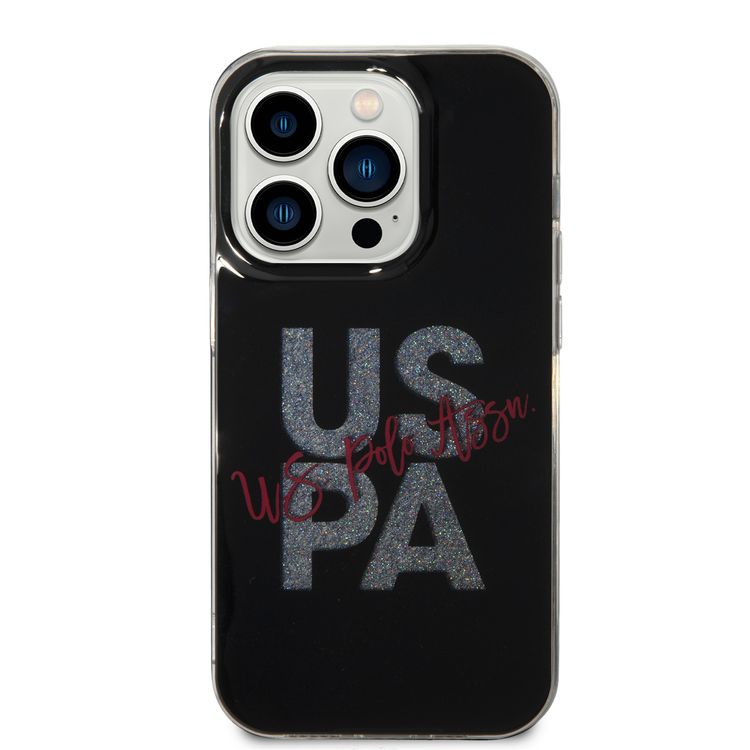 U.S.Polo Assn. IML Glitter Script Card Case for iPhone 15 Pro - Black - أسود