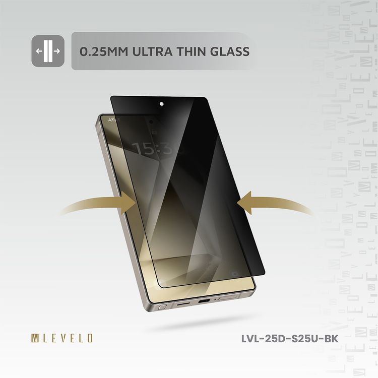 Levelo 2.5D Silk Print HD Privacy Glass for Samsung Galaxy S25 Ultra, High Silicone Aluminum, 0.25mm Ultra Thin, Scratch-Resistant, Oleophobic & Hydrophobic Coating, Instant Fingerprint Unlock, Air Bubble Prevention, Explosion- Proof, Auto-Exhaust - Black