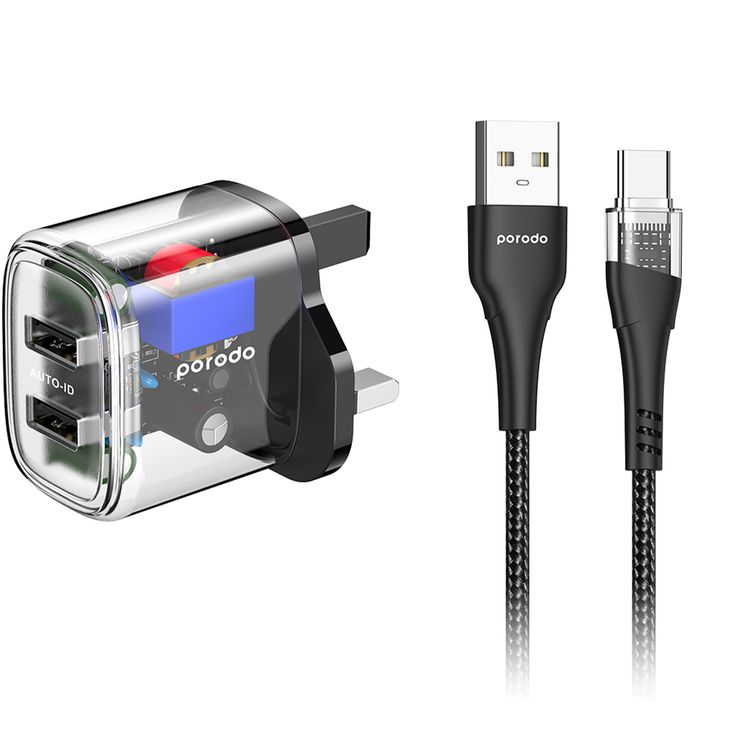 شاحن بورودو ذو مخرج مزدوج شفاف مع كابل من USB-A إلى Type-C، بطول 1.2 متر - شفاف
