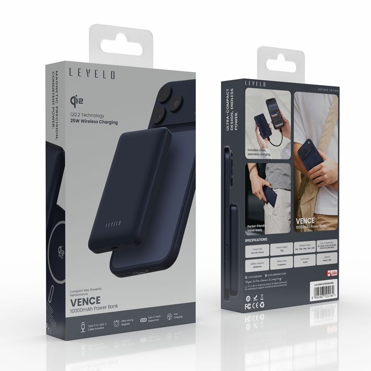 Levelo Vence 10000mAh Power Bank with Qi2.2 Technology, 25W Wireless Charging, Type-C Input & Output Port, Ultra-Strong Magnets, Pocket-Friendly, Travel-Ready, Type-C to Type-C Cable Included, Fast Charging, Ultra-Compact Design, Consistent Power - Blue