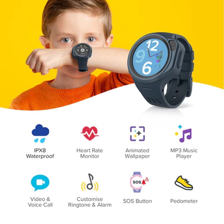 MyFirst Fone R1S Kids Smartwatch, 1.3" TFT Round Display, 2MP Front Camera, 8GB Storage, NANO SIM Card, Heart Rate Monitoring with High Heart Rate Alert, GPS, Android & iOS, IPX8 Water Resistant - Space Blue