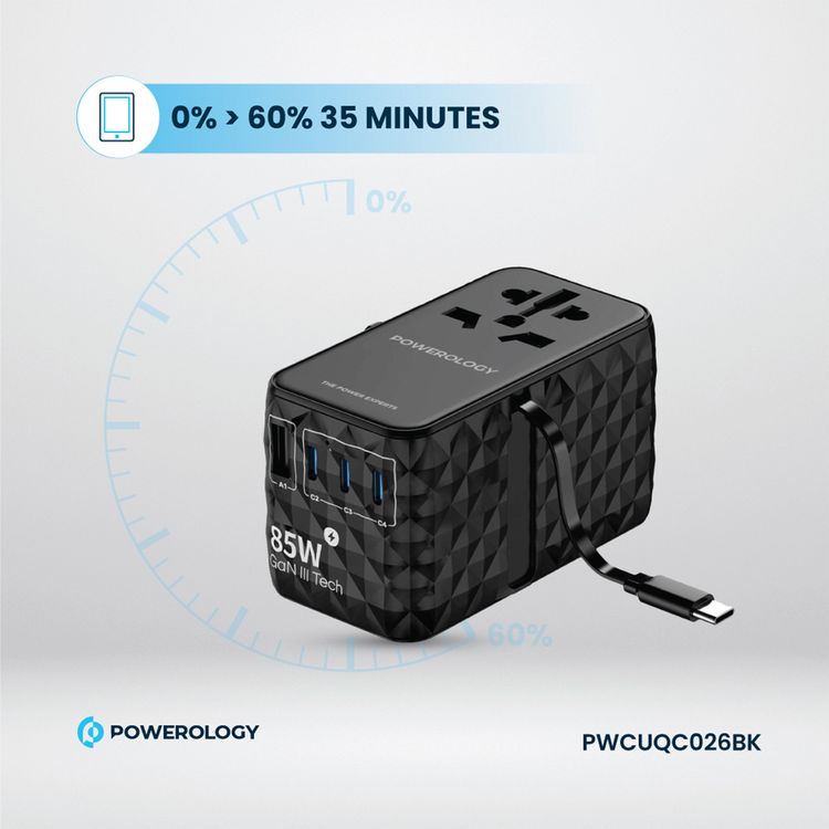 Powerology Universal 85W Super Charger with Retractable Type-C Cable, 70W Power Delivery, GaN Technology, Simultaneous Charging, Spare Fuse Included - Black