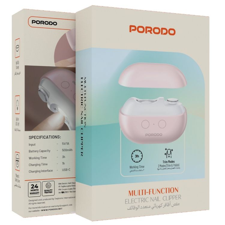 Porodo Multi-Function Electric Nail Clipper with Dual-Speed Settings for Trimming & Polishing, 500mAh Battery, 3 Hours Working Time, Built-in LED Light, Magnetic Safety Cover, USB-C Charging Port - Pink