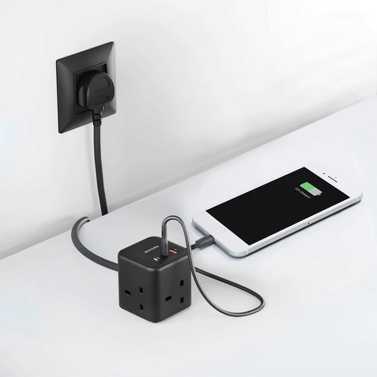 Porodo GaN Power Cube Multi-Port Charger with 3 AC Sockets, USB-A & Dual USB-C Ports, 3250W Power, Overload Protection, 60W USB-A QC Output, Super-Compact - Black