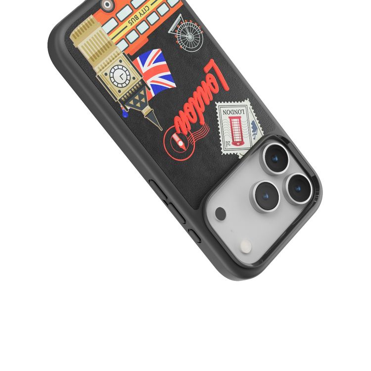 Levelo Vallo PU Leather Case for iPhone 17 Pro with Embroidery London Finish, Comfortable Hold, Durable PU Leather, Raised Bezels for Camera and Screen, True Microfiber Interior Lining, Scratch & Wear Resistant, Shock-Resistant Bumper - Midnight Black