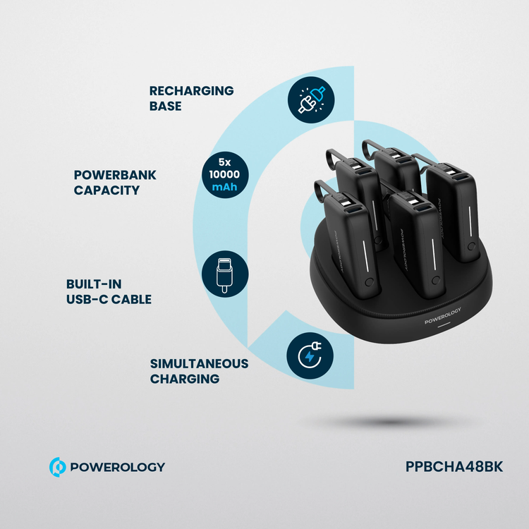 Powerology 5 x 10000mAh Power Bank Station with 50W PD, USB-A, USB-C, Type-C Built-in Cable, 12V/1A Max Contact Input, Rapid Recharging Station, High-Density Batteries, Type-C Built-in Cable, 5V/3A Total Output, Built-in Safeguards - Black