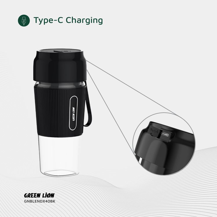 عصارة Green Lion G-Blend X المحمولة بسعة 300 مل، سعة بطارية 1500 مللي أمبير، مادة البرطمان من البولي كربونات، مادة الشفرة من الفولاذ المقاوم للصدأ، منفذ شحن من النوع C، وقت شحن 3-4 ساعات - أسود