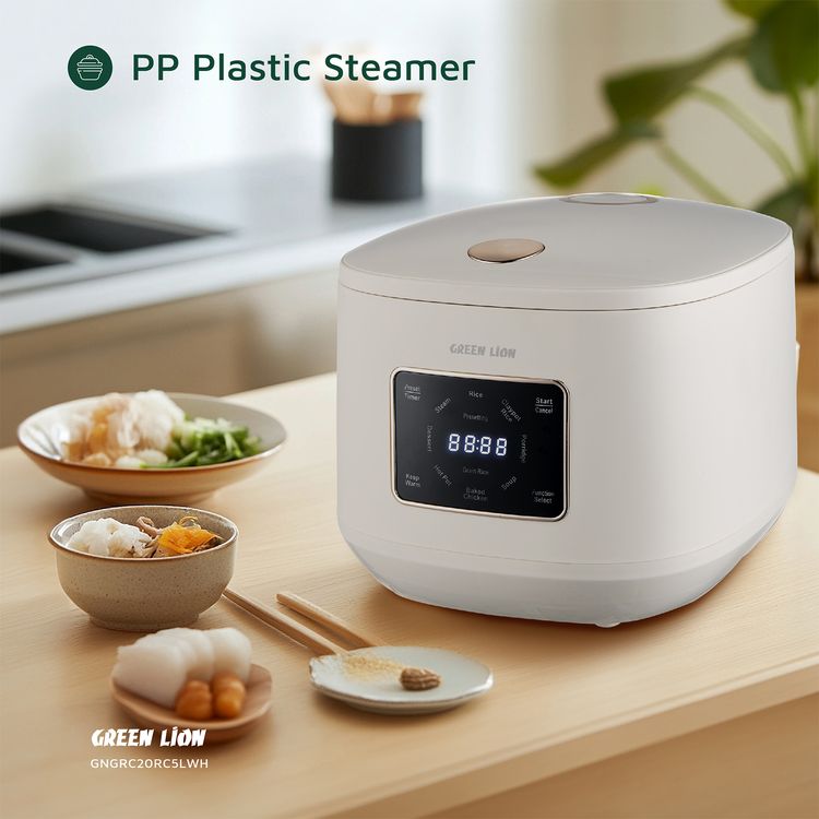 Green Lion GRC-20 Digital Rice Cooker, Keep Warm Mode, Touch Control, Easy To Clean, Exhaust Vent, Preset Timer, 8 Cooking Modes : Dessert, Grain Rice,Soup, Porridge, Baked Chicken, Claypot Rice, Hot Pot, RiceSteam - White 