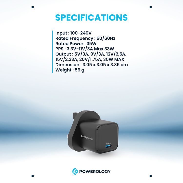 The Powerology 35W Ultra-Quick GaN Charger with UK Plug, USB-C Output Port, Fast Charge, Portable & Compact Design, Built-in Safeguards, 100-240V Input - Black