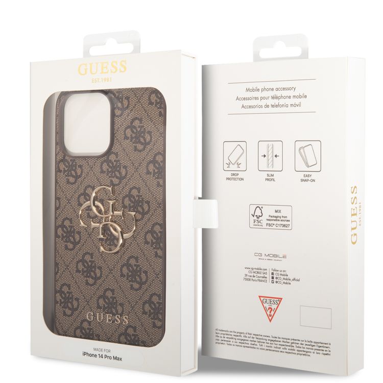 Guess PU Leather 4G Classic and Stylish Case with Big Metal Logo iPhone 14 Pro Max Compatibility - Brown