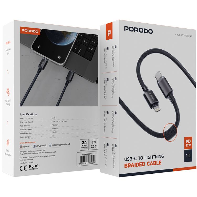 Porodo USB-C to Lightning Braided Cable with 27W Power Delivery, 1m Cable Length, Fast Charge & Data Transfer, Tangle-Free Design, 480Mbps Data Transfer Rate - Black