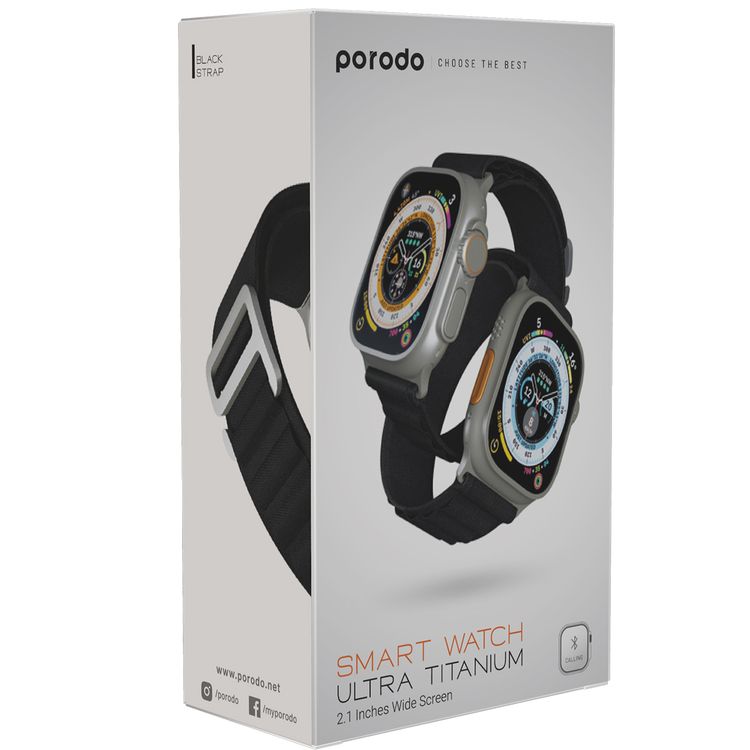 Porodo Ultra Titanium Smart Watch with 2.1" Wide Screen, 15 Days Standby Time, Lithium-ion Polymer Battery, 128MB RAM, 3-5 Days Battery Life - Black