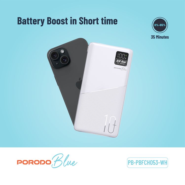 Porodo Blue Quick Charge Power Bank with USB-A & USB-C Outputs, 10000mAh Battery Capacity, Digital Display, 20W Power Delivery - White