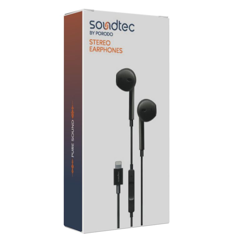 Porodo Soundtec Stereo Wired Earphones with 1.2m Lightning Cable Length, 3 Button Control, High-clarity Microphone, High Sound Quality and Deep Bass, Answer & Close Call - Black