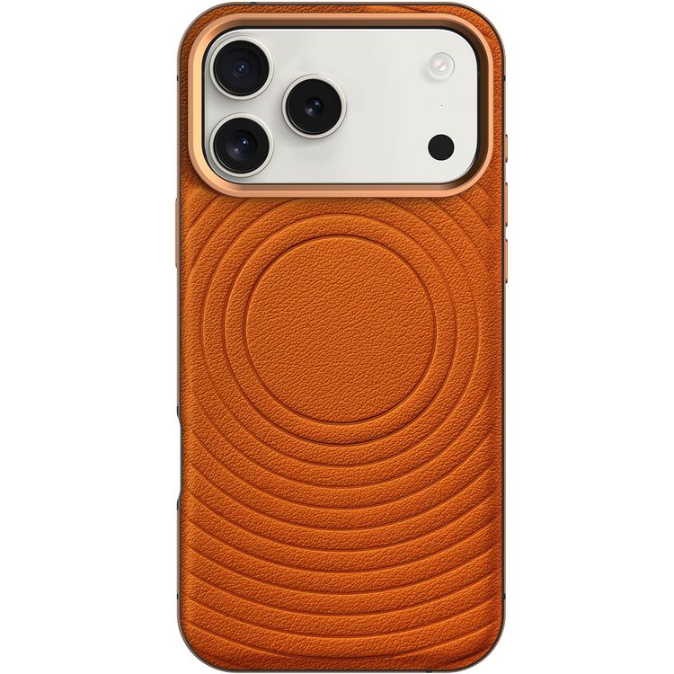 Levelo Spirale PU Leather Hybrid Case for iPhone 17 Pro Max, MagSafe Compatible & Strong Magnets, Impact-Resistant, Shock-Resistant Bumper, Aluminum Alloy Frame for Camera & Edges, Drop-Tested - Sunrise Orange
