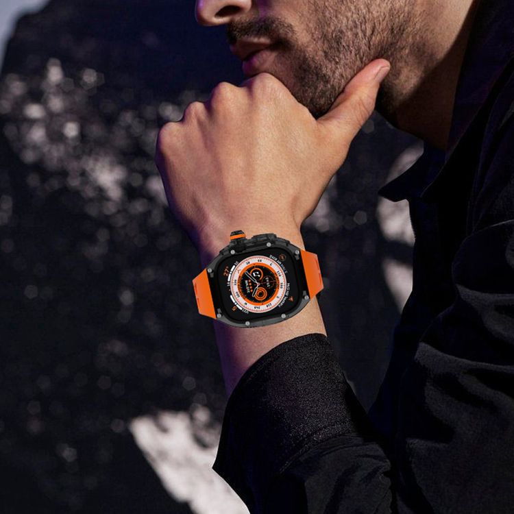 Green Lion La Royal Silicone Strap Case with Button Design for Apple Watch Ultra 49mm, Fall Protection, Easy Installation, Shockproof, Water Resistant - Black / Orange