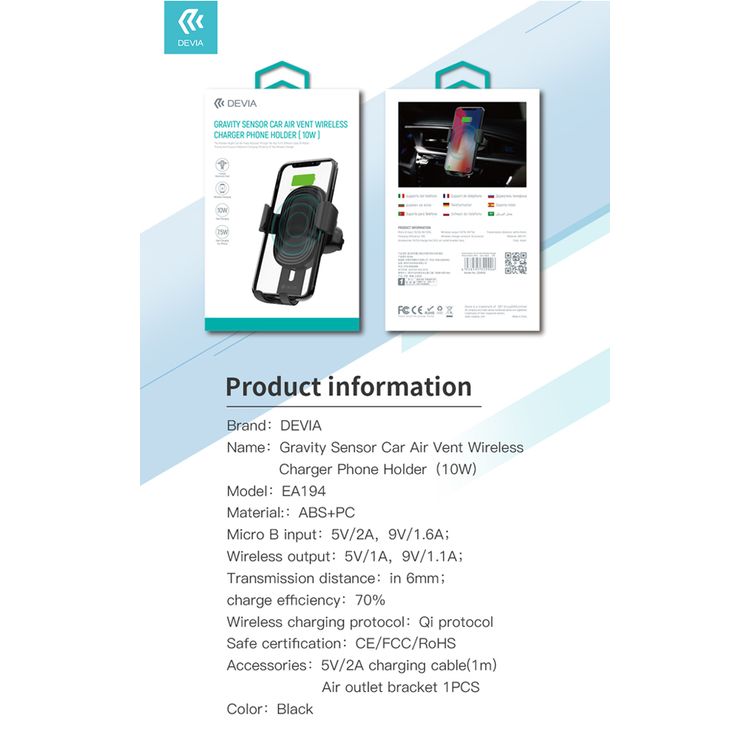 Devia Gravity Sensor Car Air Vent Wireless Charger Phone Holder (10W) - BK