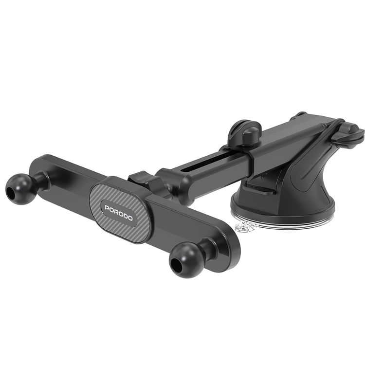Porodo DAX-L Dual MagSafe Car Phone Mount with 360° Adjustable Telescopic Arm, Dual Phone Holder, Strong Suction Base, Lock and Unlock Function, ABS Material, Adjustable Height, Multi-Surface Mounting, 15× Strong N52 Magnets - Black