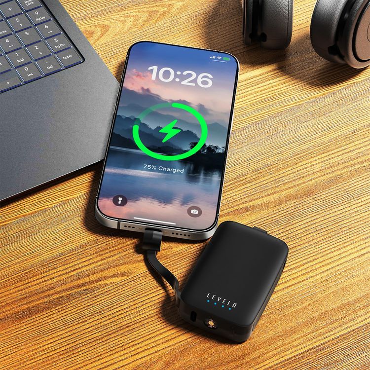 Levelo Nano Mini Portable Keychain Power Bank with Type-C & Lightning Heads, LED Indicator, Simultaneous Charging, Fast Charging Support, 4000mAh Battery Capacity - Black
