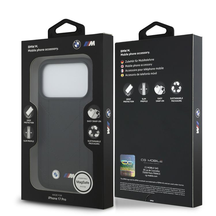 غطاء جلدي مبطن من BMW MagSafe مع شعارات معدنية لهاتف iPhone 17 Pro، تصميم نحيف، سهل التثبيت، عبوة مستدامة، حماية من السقوط - باللون الأسود