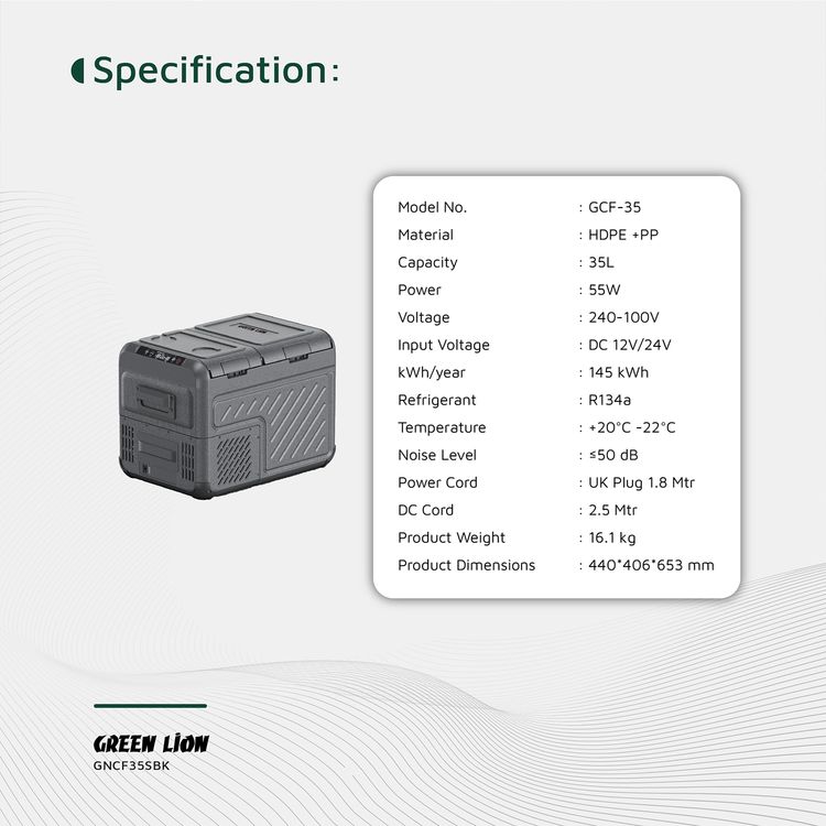 Green Lion GFC-35 Car Fridge with 35L Capacity, Bottle Opener, Touch Control Display & Interior Lights, Dual Power Supply, Child Safety Lock, Two Shelves, Quiet Operation - Black