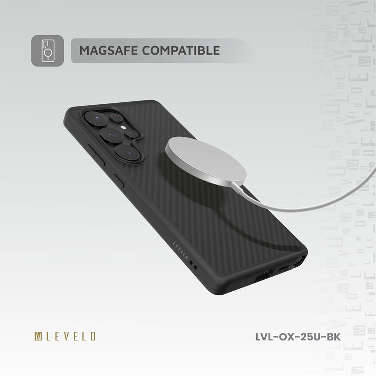 Levelo Ox Carbon Case for Samsung S25 Ultra, MagSafe Compatible, Durable 600D Aramid Fiber Material, Anti Fingerprint, Premium Quality Guaranteed - Black