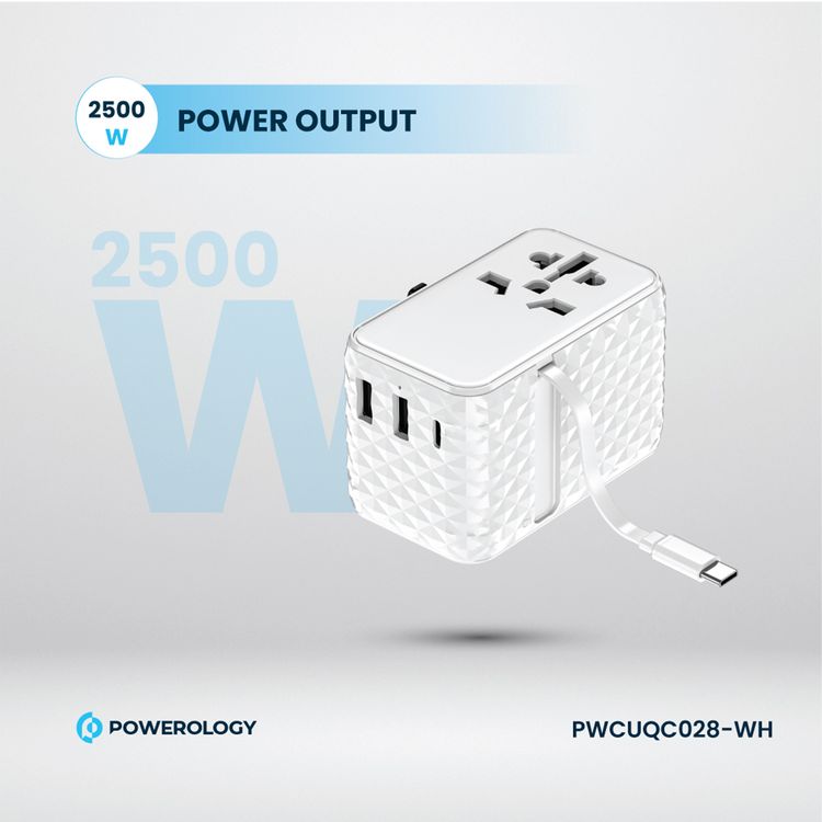 Powerology GaN 20W PD Universal Adapter with Retractable Type-C Cable, Simultaneous Charging, Includes Spare Fuse, Built-In Safeguard - White