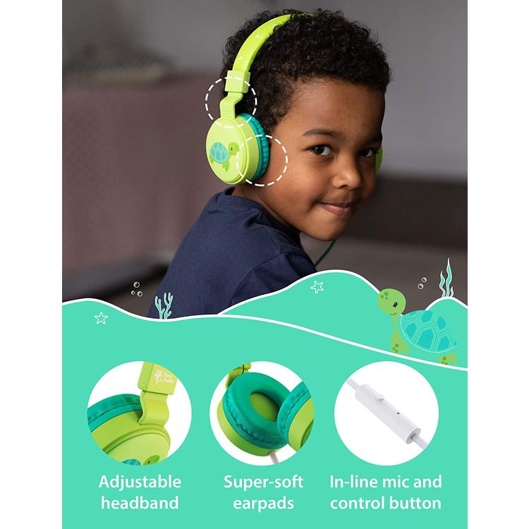 Planet Buddies Kids Wired Headphones with 85 dB Volume Limited, Plug and Play, Lightweight and Comfortable Design, 40 mm Driver Size, Adjustable Headband Suitable for Children (Turtle) - Green