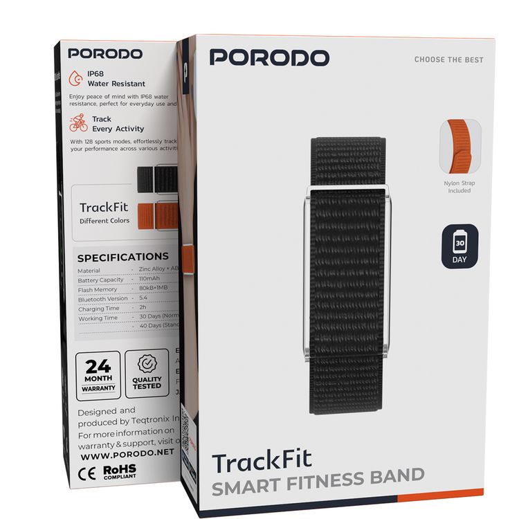 Porodo TrackFit Smart Fitness Band with 30 Days Working Time, 110mAh Battery, Bluetooth Version 5.4, Health Monitoring, Activity Tracking, Compatible with Android 8.0+ & iOS 12.0+, Sleep Analysis - Silver