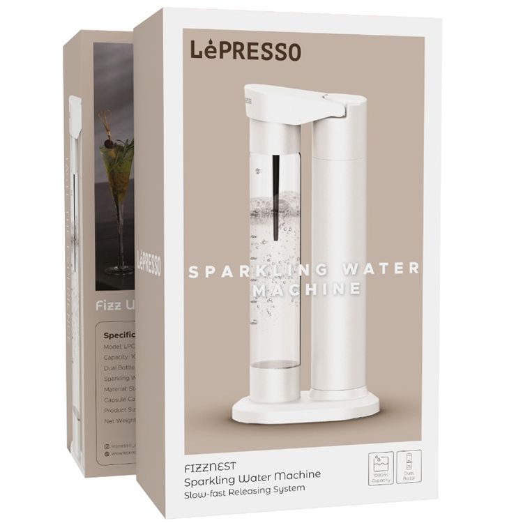 LePresso Fizznest Sparkling Water Machine with Slow-Fast Releasing System, 800mL Sparkling Water Capacity, Compatible with CO2 Capsule Chargers, Dual-Bottle, Stainless Steel 304 Material, Explosion-Proof Pet, BPA-Free Design - White