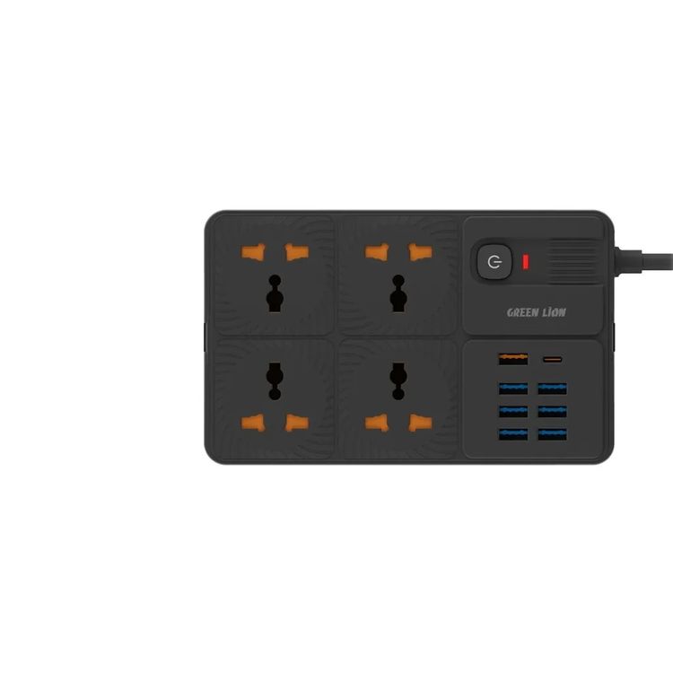 Green Lion Power Socket with 4 AC Sockets, USB-C & 7 USB-A Ports, UK Power Plug with Fuse, 2m Cable Length, 3250W Rated Power, Power Button, Fast Charge 20W Power Delivery, Overload Protection, EU, US, UK & AU Supported Plugs - Black