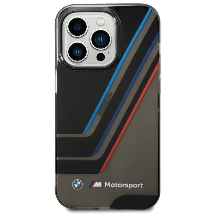 BMW Motorsport Collection PC/TPU IML Case with Printed Tricolor Fading Stripe iPhone 14 Compatibility - Black
