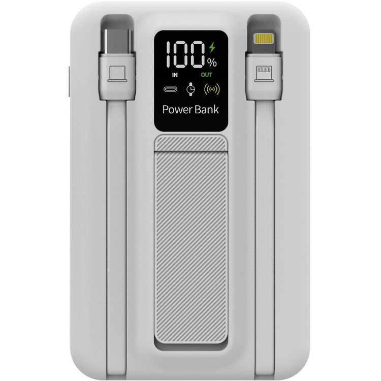 بورودو بنك طاقة لاسلكي مغناطيسي 10000 مللي أمبير/ساعة مع حامل كابل مدمج USB-C + Lightning، شحن متزامن، شاشة رقمية، PD 22.5 واط - أبيض