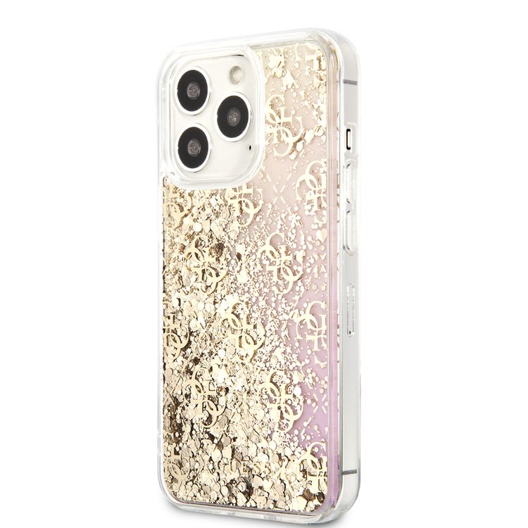CG MOBILE Guess Liquid Glitter Case with 4G Pattern Gradient Background for iPhone 13 Pro (6.1") Shock Absorption & Drop Protective Suitable with Wireless Chargers Officially Licensed Gold