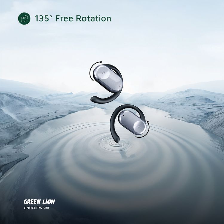 Green Lion Ocean Open-Ear Earbuds with Open-Ear Design, Up to 6 Hours Playtime, 135° Free Rotation, Game Mode, Low Latency, 180 Hours Standby Time, IPX4 Waterproof - Black