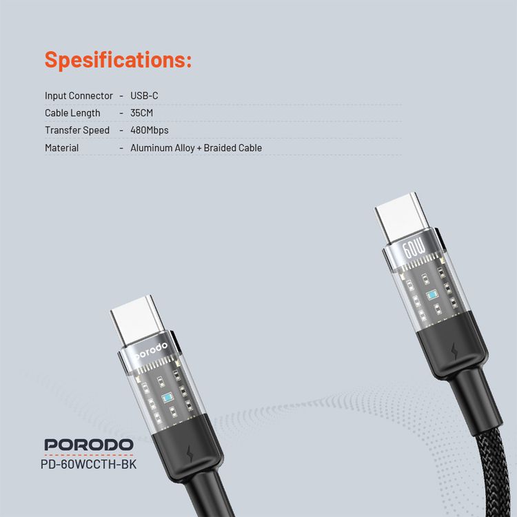 Porodo Braided USB-C to USB-C Cable with Transparent Heads, 60W Power Delivery, 480Mbps Transfer Speed, Fast Charge & Data Sync, Tangle-Free Design, 35cm Cable Length, High-Grade Components - Black