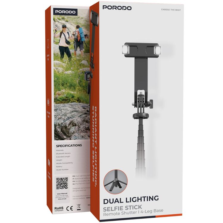 Porodo Dual Lighting Selfie Stick with 4-Leg Detachable Tripod, 135cm Extended Height, 4.7"-7" Mobile Compatibility, Rechargeable Battery, Remote Shutter - Black