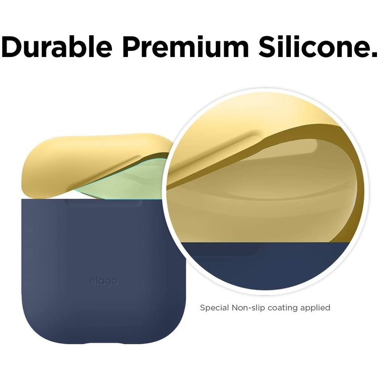 Elago Duo Silicone Case with Apple AirPods Case 1 & 2, Supports Wireless Chargers, Drop Resistant, Dustproof and Absorbing Protective Cover Body Jean Indigo / Top-Classic White, Yellow