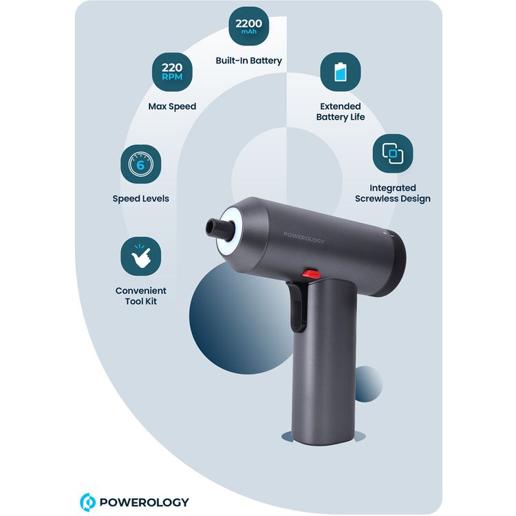Powerology 30 Bits Electric Screwdriver Gun, 2200mAh, 6 Speed Levels, 220RPM, Charging Port, 2 Hours Working Time, 4 Grid Power Indicator - Space Gray 