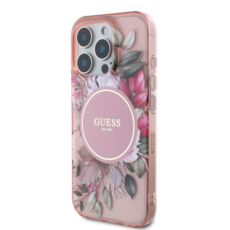 Guess Magsafe IML Transparent Hard Case with Flower Design & Tonal Circle Logo for iPhone 16 Pro Max, Lightweight, High Quality Material - Pink