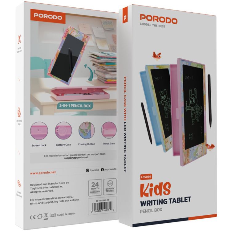 Porodo 2-in-1 Kids LCD Writing Tablet with Pencil Case, One-Key Screen Lock, Battery Case, Erasing Button - Pink