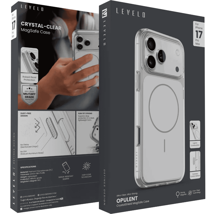 Levelo Opulent Full PC iPhone 17 Pro Max Case with Strong N52 Magnets, MagSafe Compatible, Camera Control Button, Ever-Clear Technology, 2.0mm PC Frame, Raised Bezel Protection, Military-Grade Protection, Shock-Resistant Bumper, Anti-Scratch Cover - White
