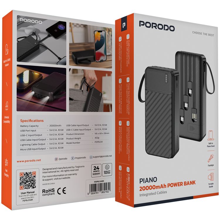 Porodo Piano 20000mAh Power Bank with Flashlight, Portable Handle, Phone Stand, 4 Integrated Cables, USB-A & USB-C & Micro Ports, Fast Charge Support, Universal Compatibility - Black