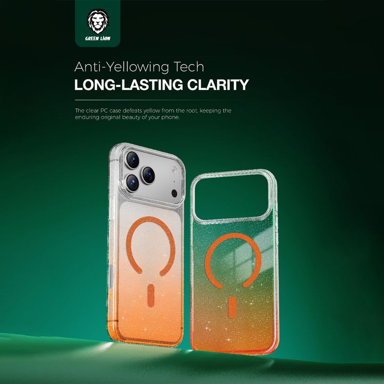 Green Lion Glitter MagSafe Case for iPhone 17 Pro, Anti-Fingerprint & Anti-Scratch, Comfortable Grip, Camera Protection, Anti-Yellowing, Ultra-Slim & Lightweight Design - Orange