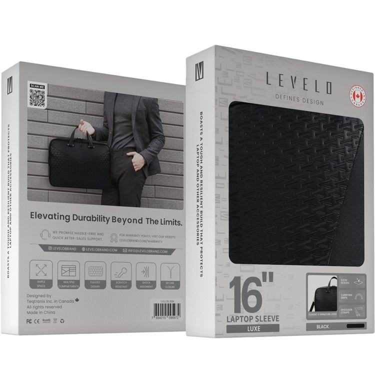 Levelo Luxe 16" Laptop Sleeve, Secure Closure, Padded Design, Ample Space - Black